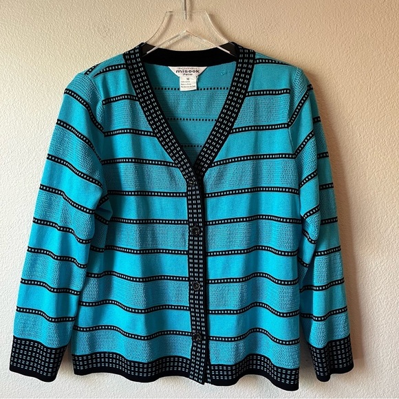 Exclusively Misook Women’s Aqua Turquoise & Black Jacket Size Medium Petite - Picture 1 of 6